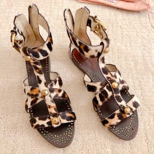 Miu Miu Leopard Print Pony Hair Studded Flat Sandal sz 36.5